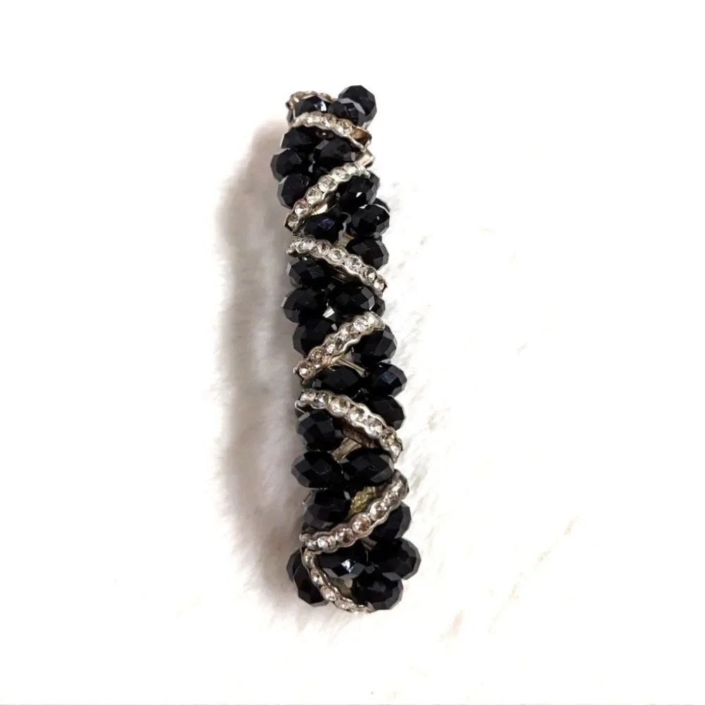 Vintage Black Crystal Bead Stretchy Bracelet with Rhinestone Accents